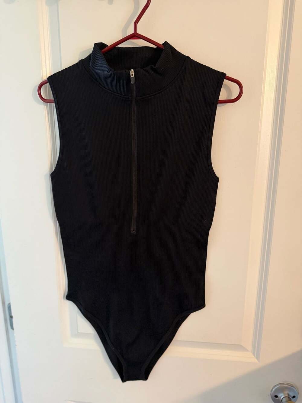 QQQ Black Ribbed Zip-Up Mock Neck Sleeveless Bodysuit